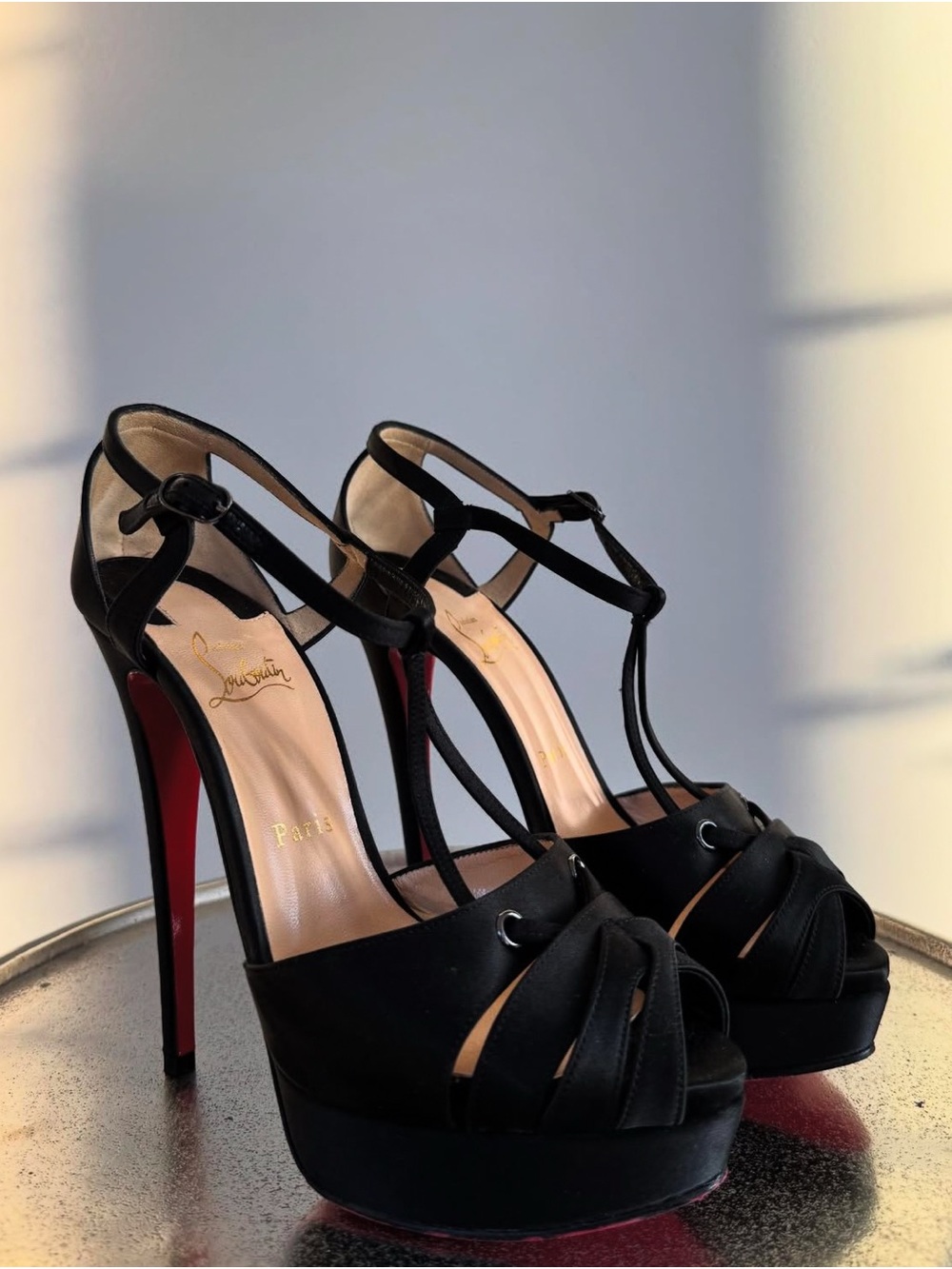 Christian Louboutin Black T-Strap Platform Peep-Toe Heels
